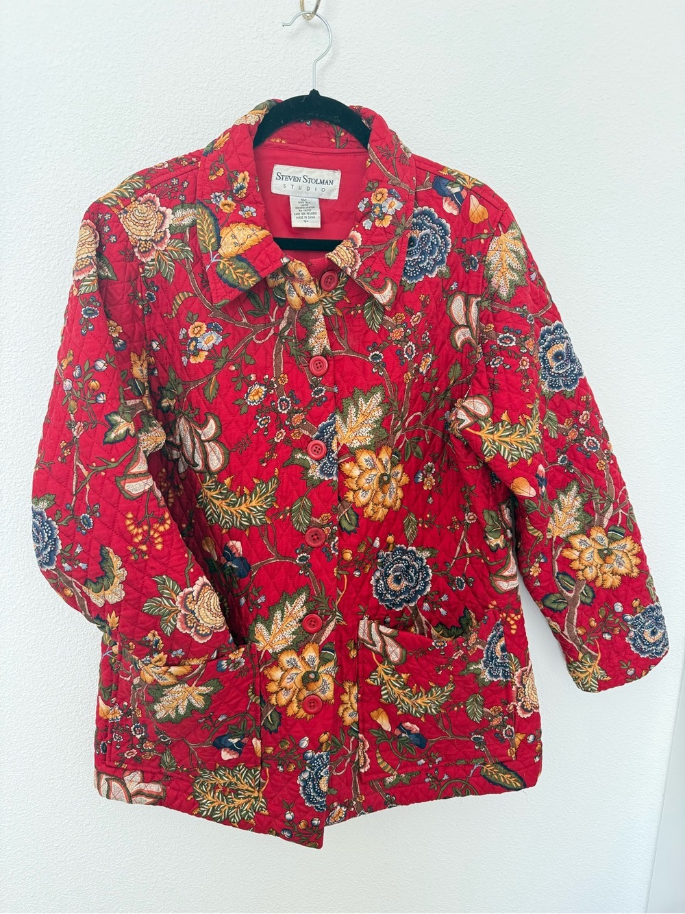 Vintage 90s Steven Stolman Studio Quilted Silk Floral Jacket 16W Red Chinoiserie